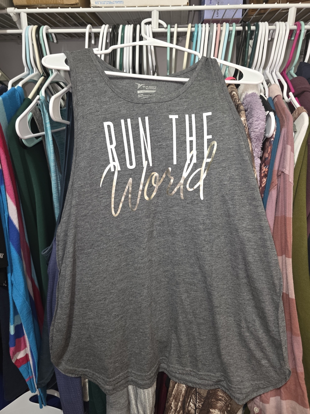 Old Navy Gray Tank with Metallic Gold Script 'Run The World'